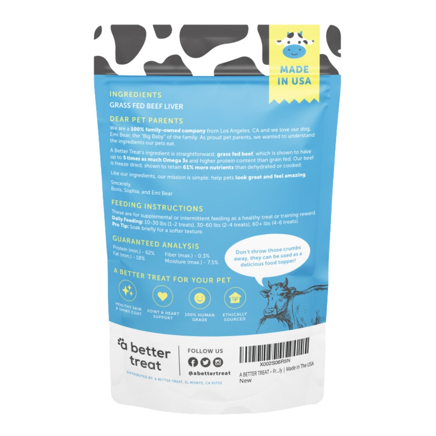 A Better Treat Just One Thing Freeze Dried Dog and Cat Treats Grass Fed Beef Liver 3oz. (Case of 6) 2 case minimum